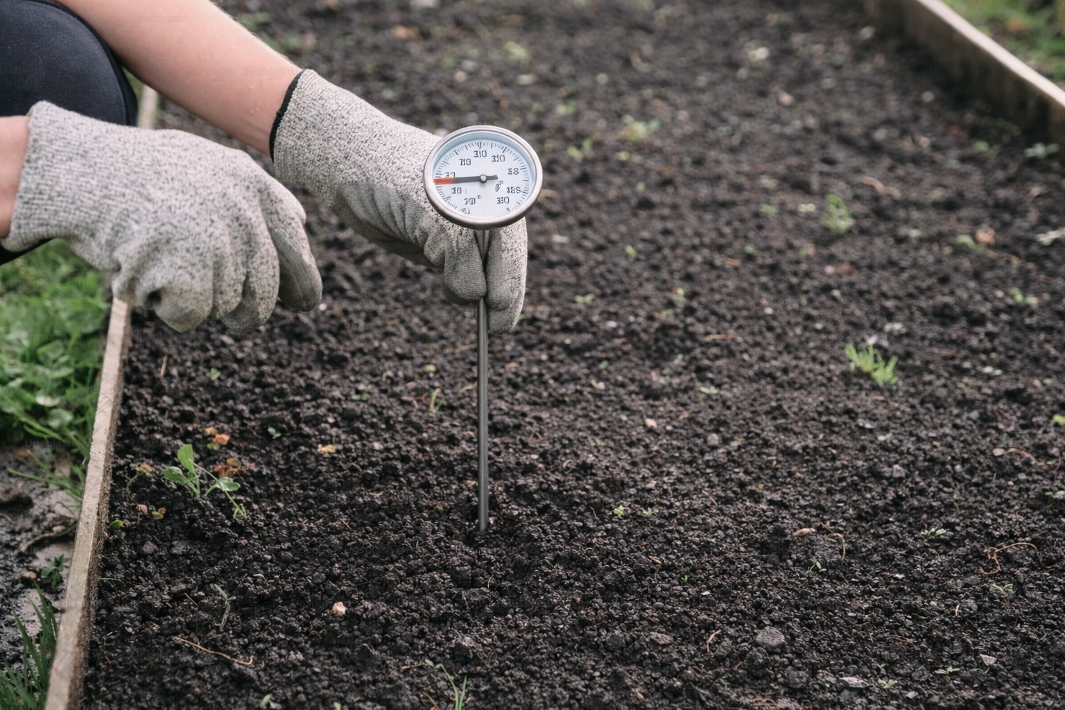 oil thermometer probe inserted into spring garden bed measuring temperature for vegetable seed germination